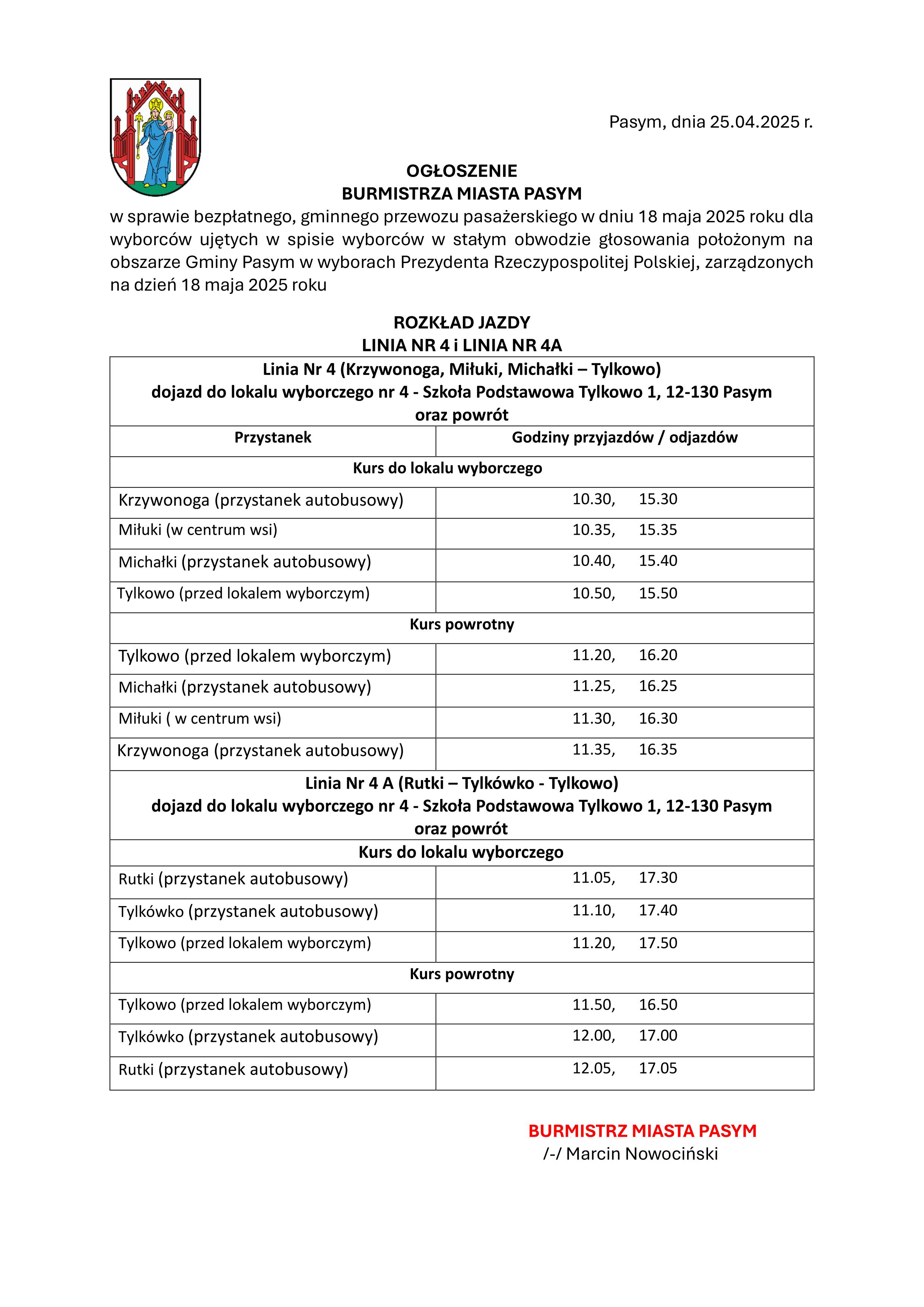 OGŁOSZENIE Transport Linia 4 i 4A 01