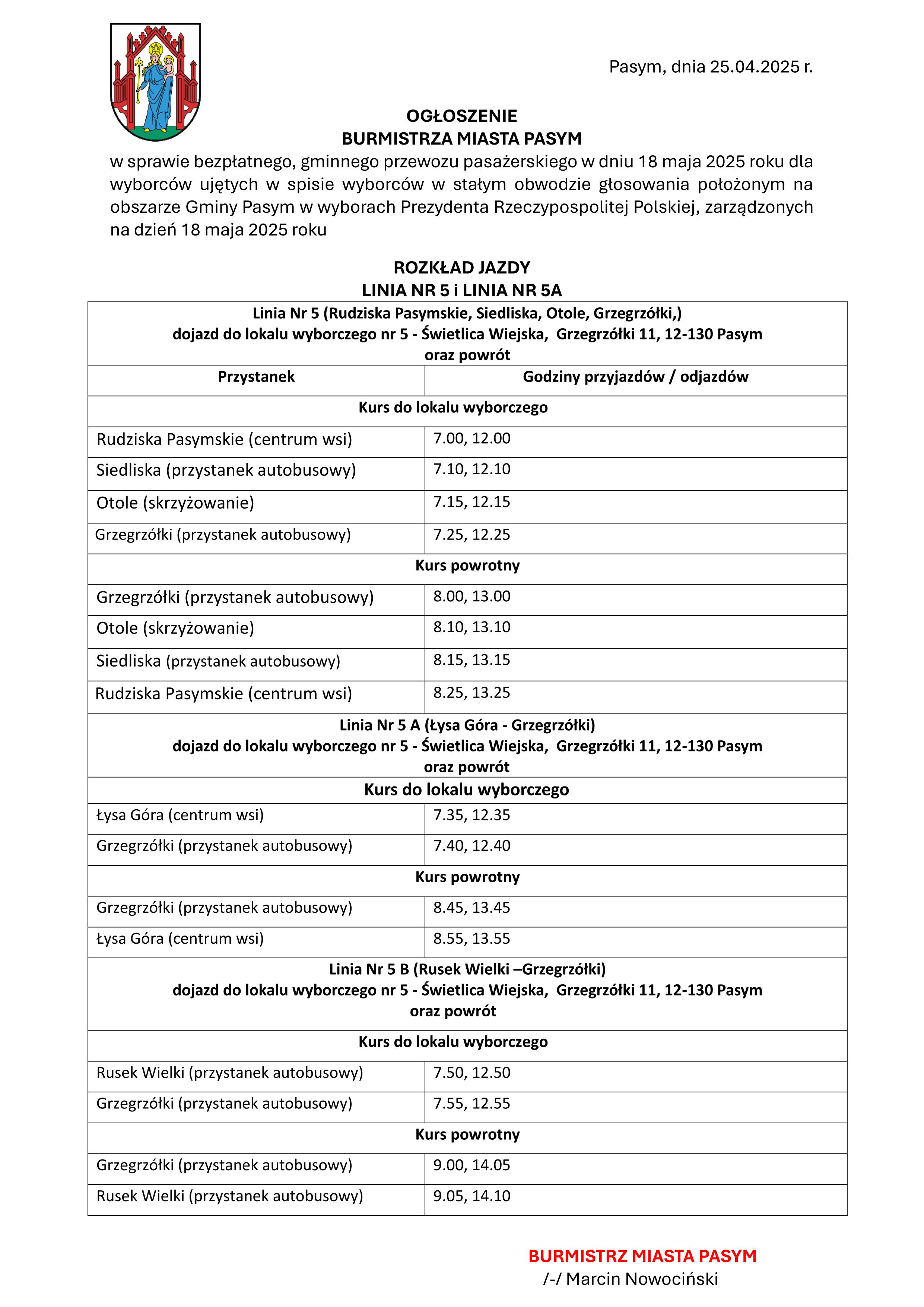 OGŁOSZENIE Transport Linia 5 i 5A 01